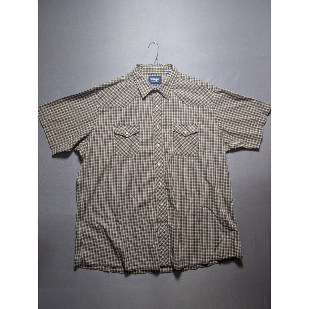 Wrangler Western Shirt Men 3XT Beige Brown Plaid Double Pockets Collar Button Up